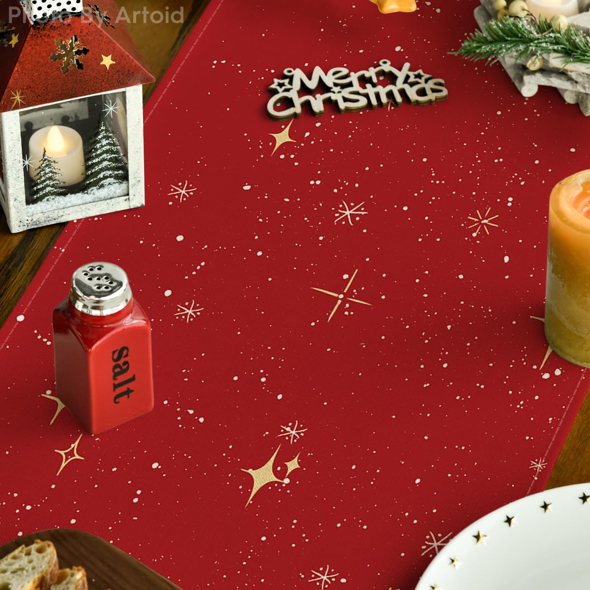Artoid Mode Xmas Trees table runner on table with candles for cozy dining