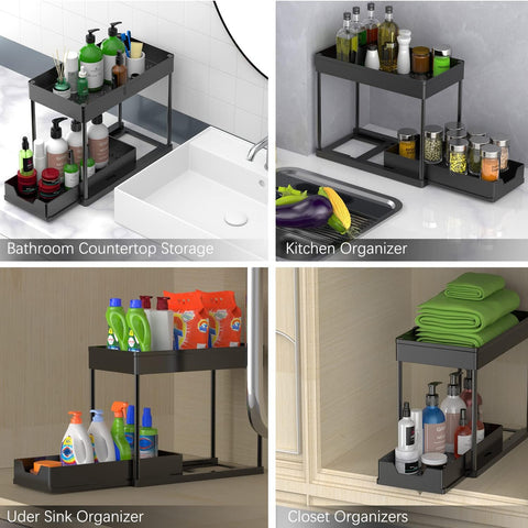 artzon under-sink organizer with 16 hooks keeps small items neatly organized.