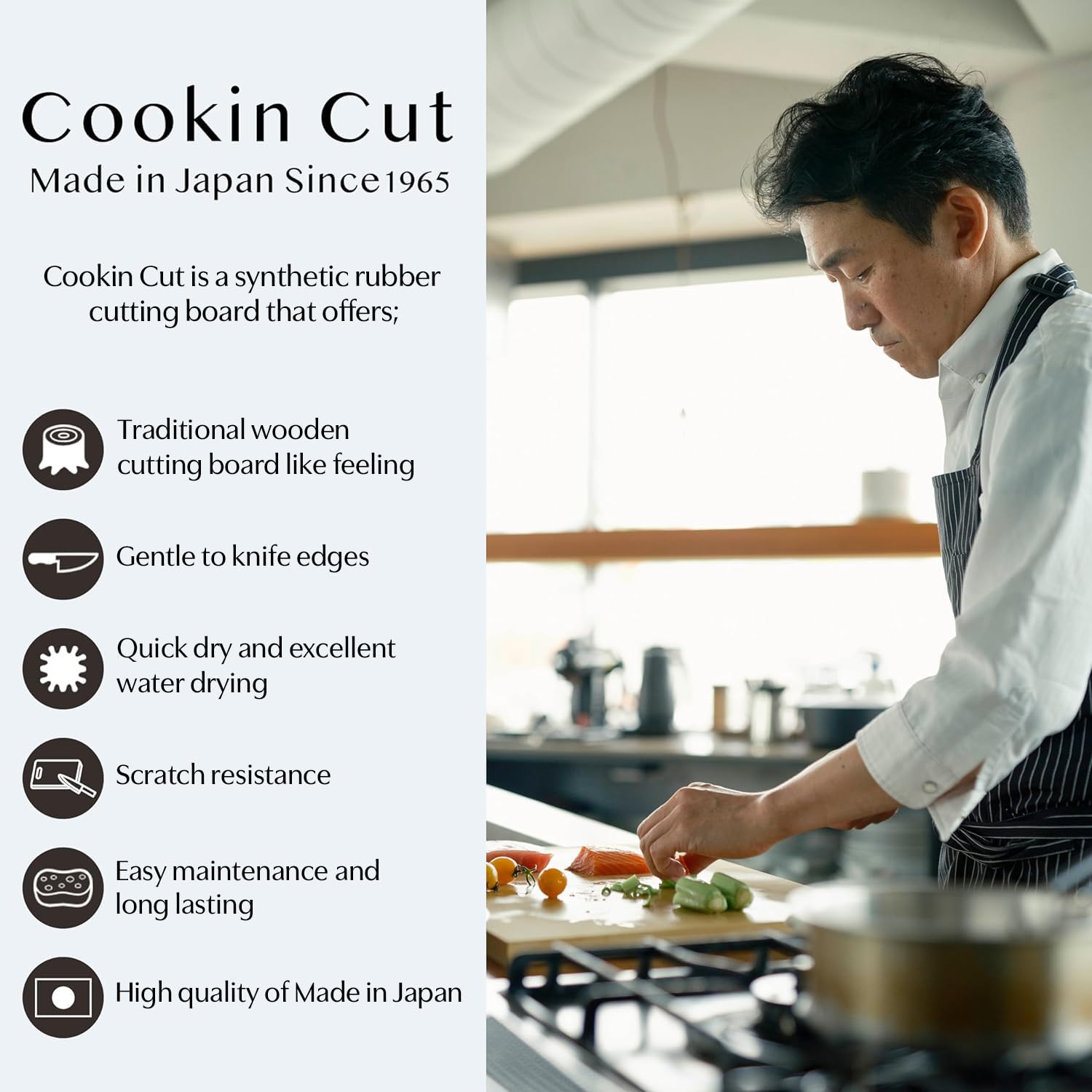 Asahi Cookin Cut rubber cutting board in use with vegetables.