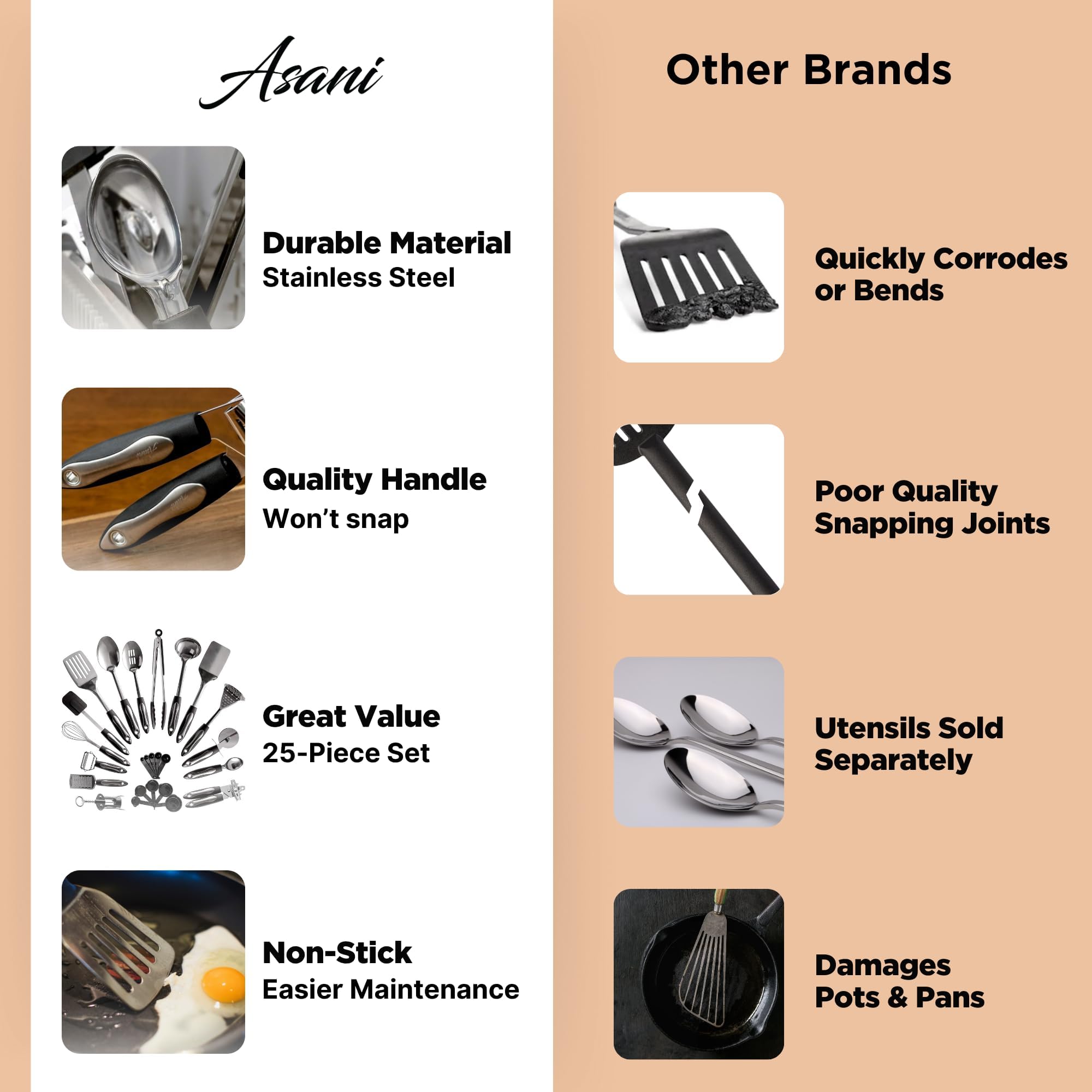 Asani 25-piece utensil set solid spoon for stirring sauces and sautéing with comfort