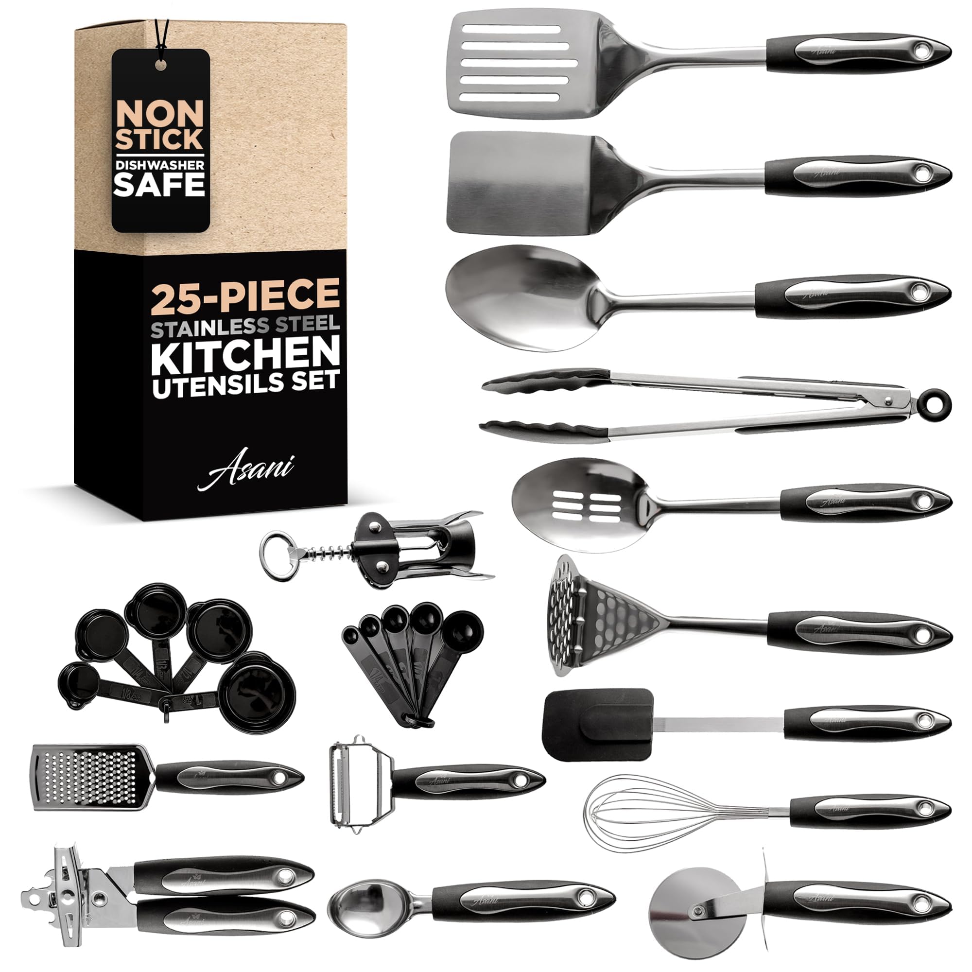 Asani 25-piece utensil set solid turner for precise flipping with durable stainless steel