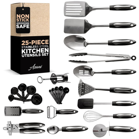 Asani 25-piece utensil set solid turner for precise flipping with durable stainless steel