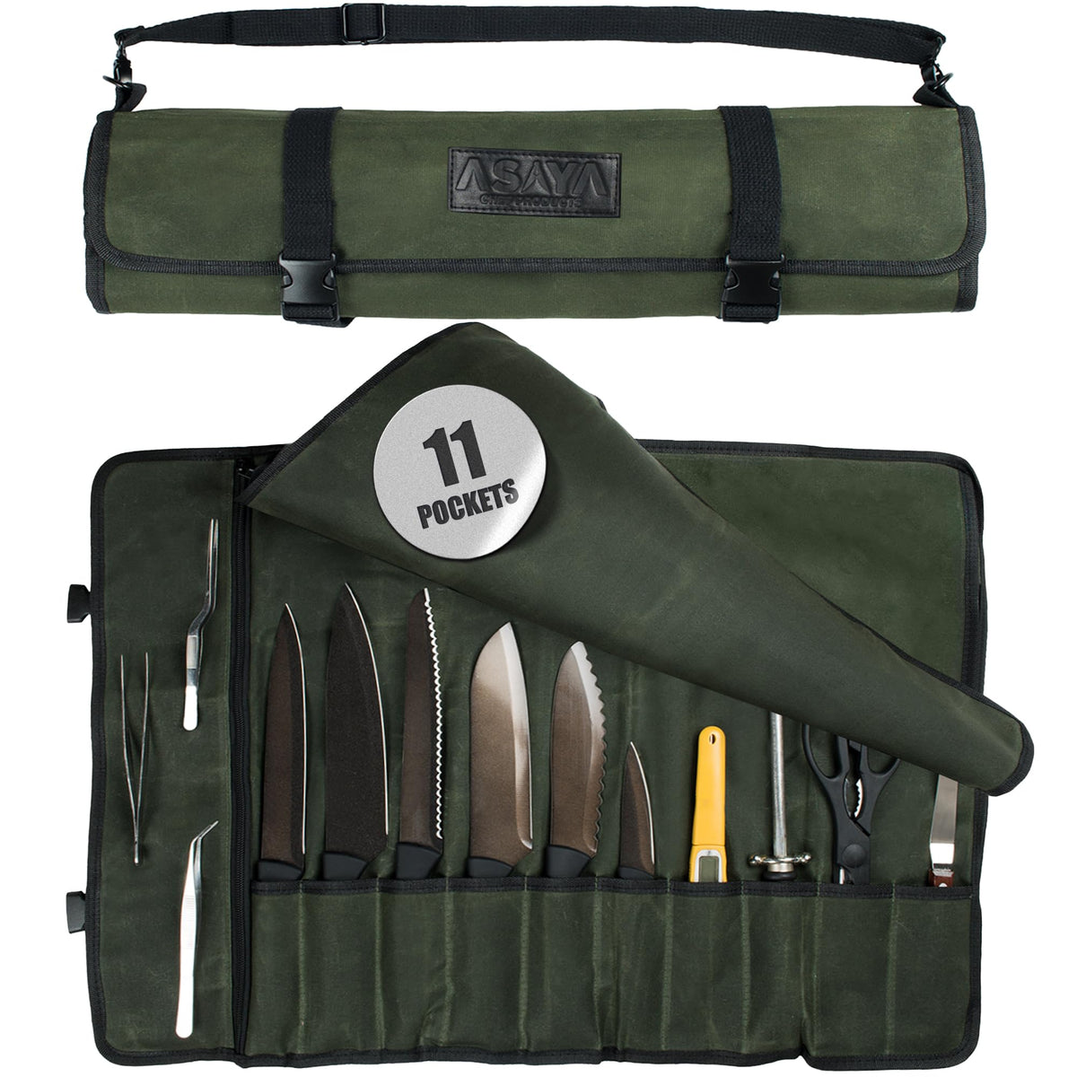 Asaya Canvas Chef Knife Roll Bag forest green with 10-slot organization for blades and gear.