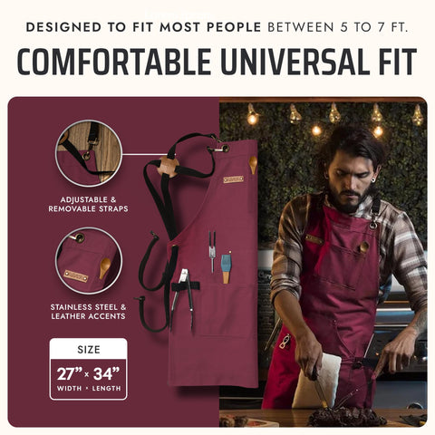 Asaya Chef apron bottle opener clip provides convenient access during cooking tasks.