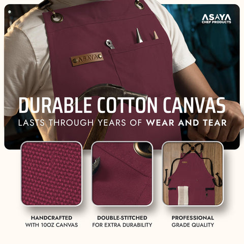 Asaya Chef apron brass hardware detail emphasizes sturdy rivets and premium accents for lasting use.