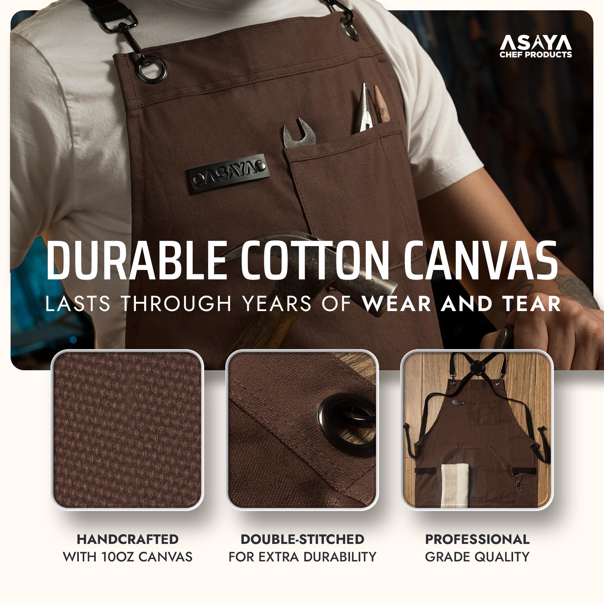 Asaya Chef apron cross back straps for all day comfort.