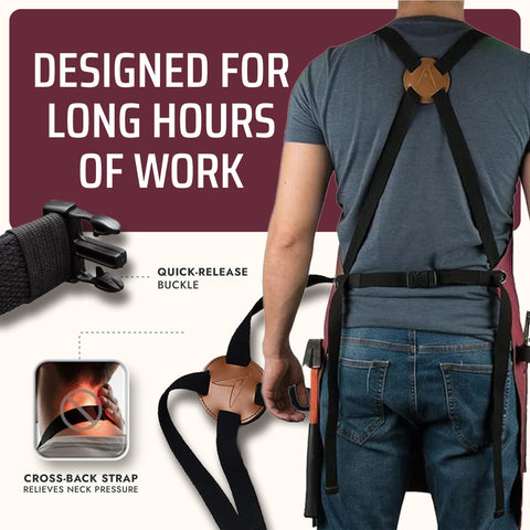 Asaya Chef apron cross-back straps focus on comfortable weight distribution during long sessions.