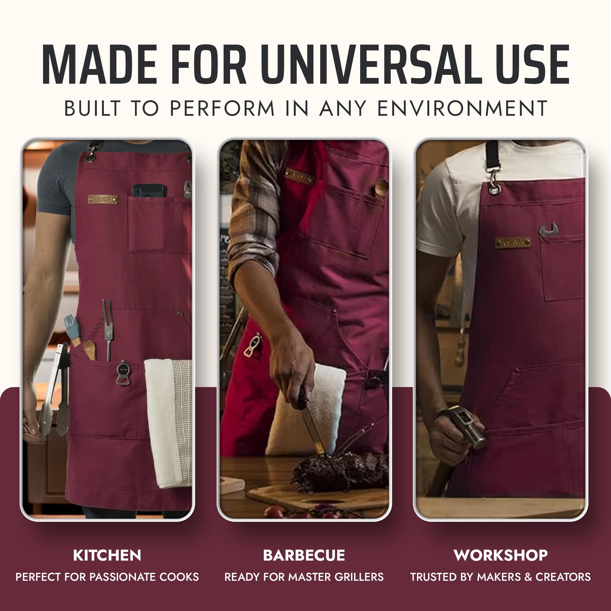 Asaya Chef apron dimensions 27x34 inches support a universal fit for many body types.