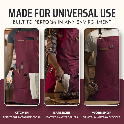 Asaya Chef apron dimensions 27x34 inches support a universal fit for many body types.