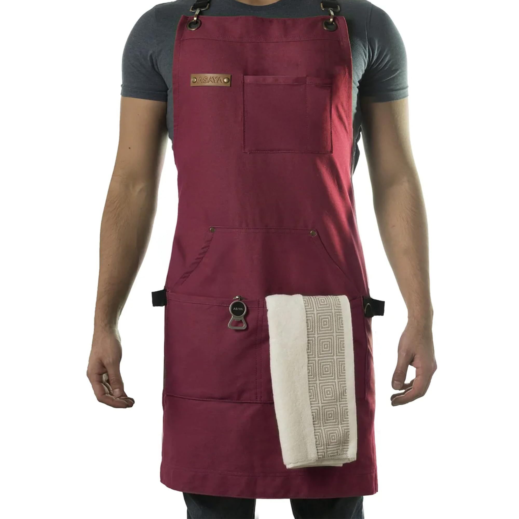 Asaya Chef apron front view showcases durable red canvas and cross-back design for long-lasting cooking comfort.