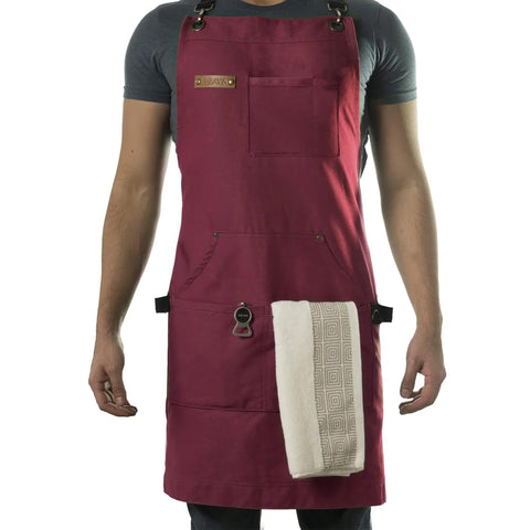 Asaya Chef apron front view showcases durable red canvas and cross-back design for long-lasting cooking comfort.