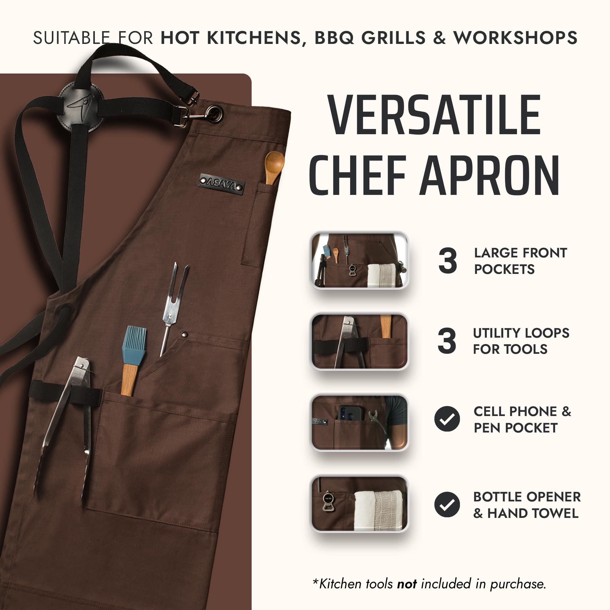 Asaya Chef apron with hand towel ready for cleanup.