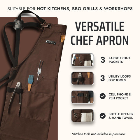 Asaya Chef apron with hand towel ready for cleanup.