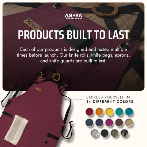 Asaya Chef apron hand towel feature adds quick cleanup between grilling steps.