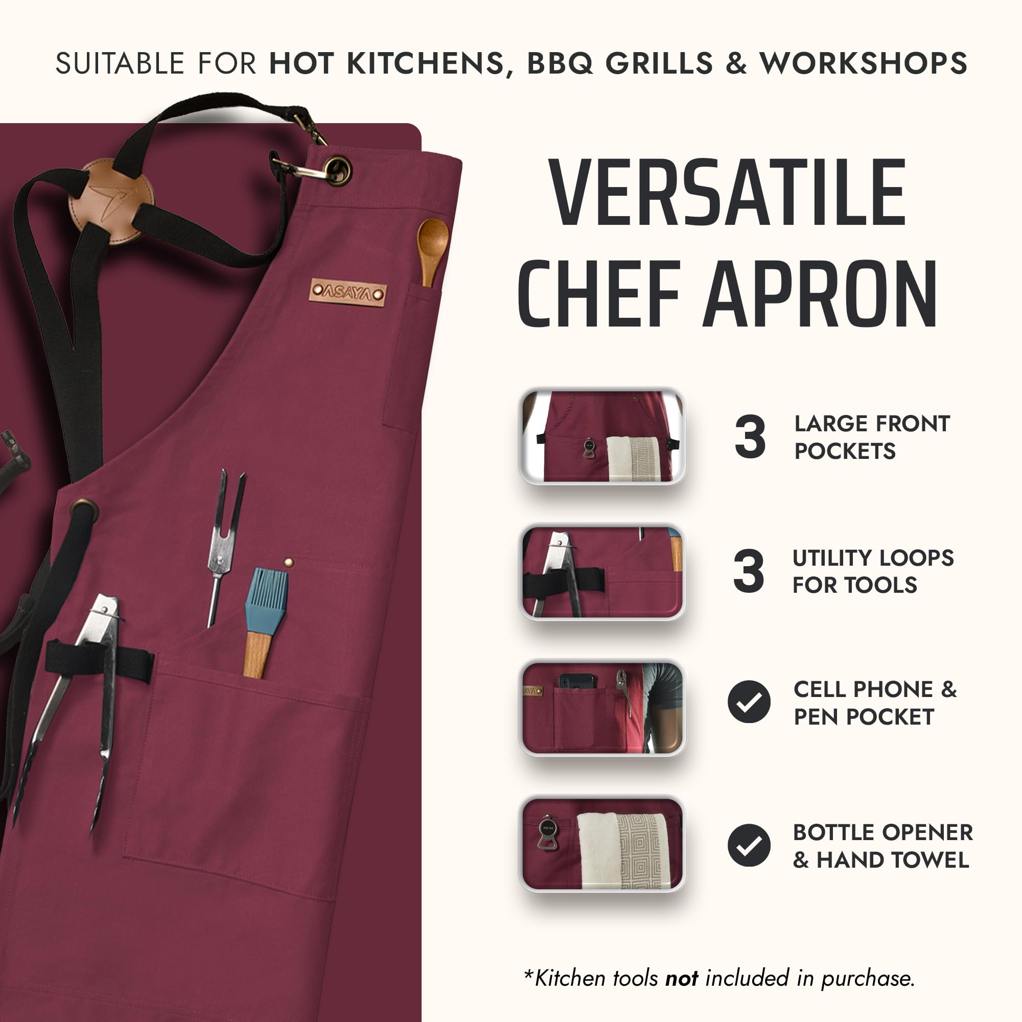 Asaya Chef apron pocket closeup highlights spacious pockets for tools and phone during grilling.