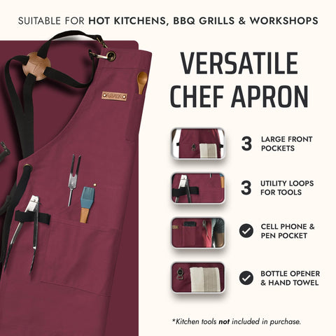 Asaya Chef apron pocket closeup highlights spacious pockets for tools and phone during grilling.