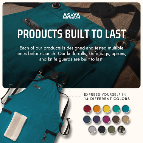 Asaya Chef apron pockets with phone holder and pen slot for tools.