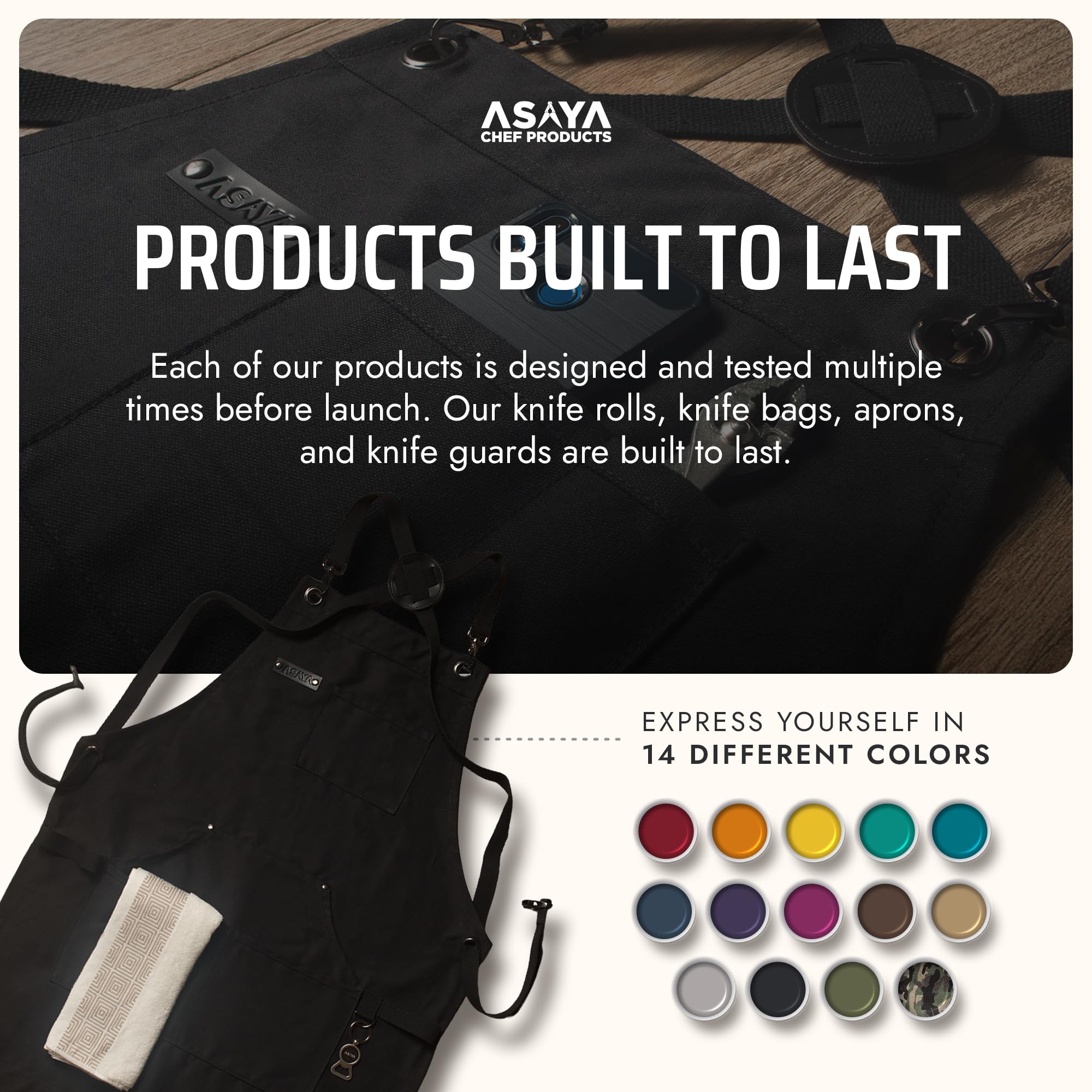 Asaya Chef apron showing spacious pockets and phone slot for tools