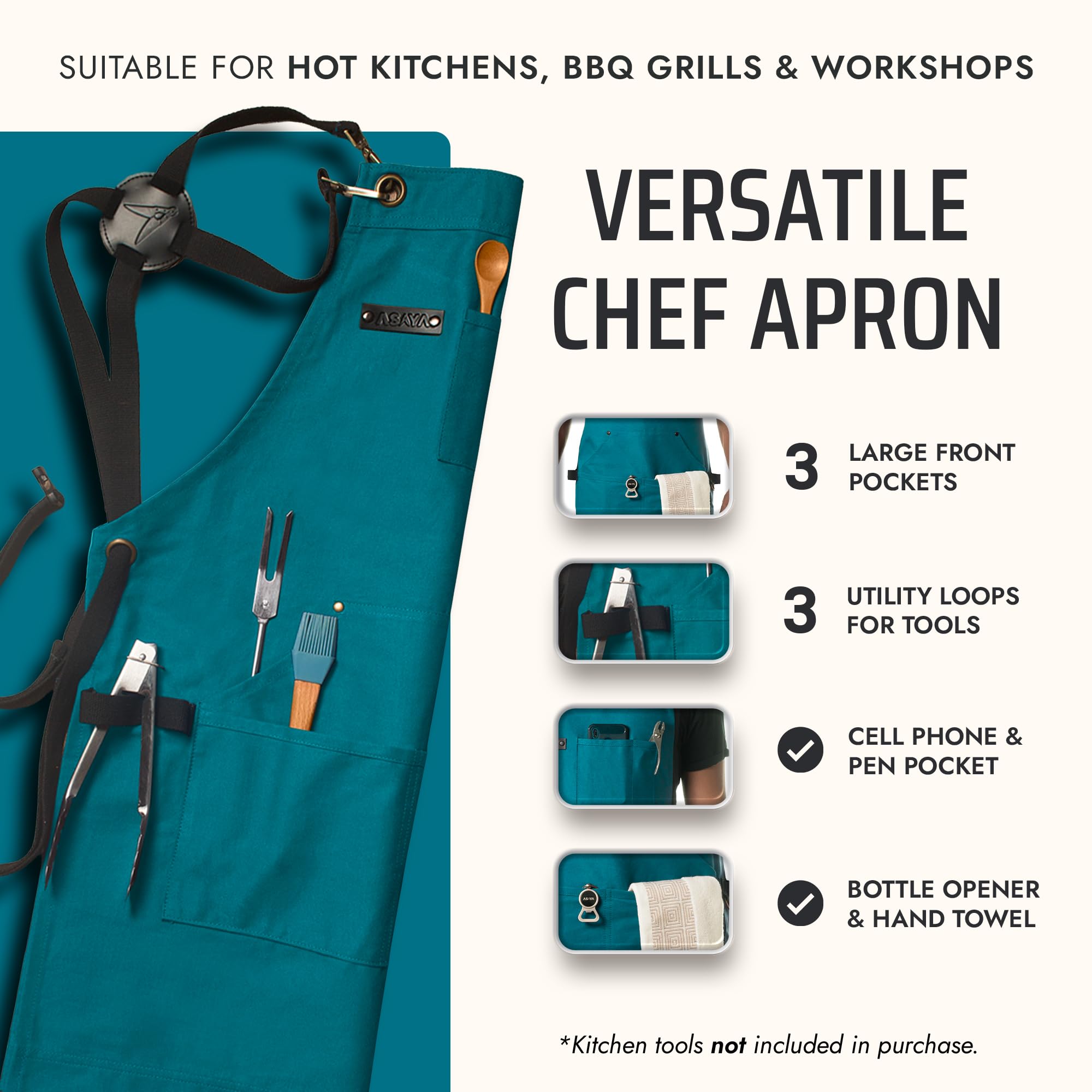 Asaya Chef apron bottle opener clip detail for quick access during meals.