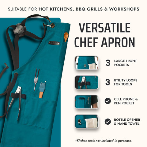 Asaya Chef apron bottle opener clip detail for quick access during meals.