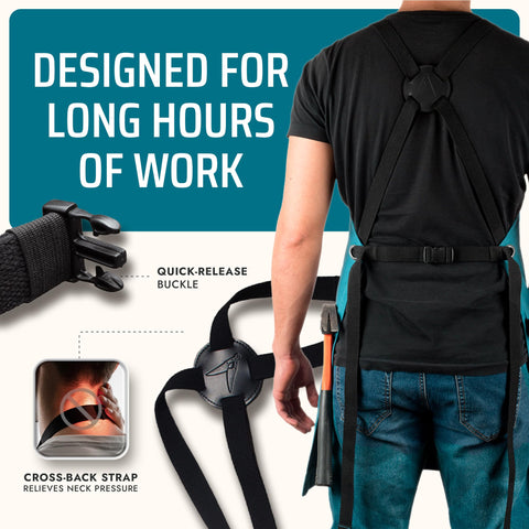 Asaya Chef cross-back straps show adjustable fit for comfort.
