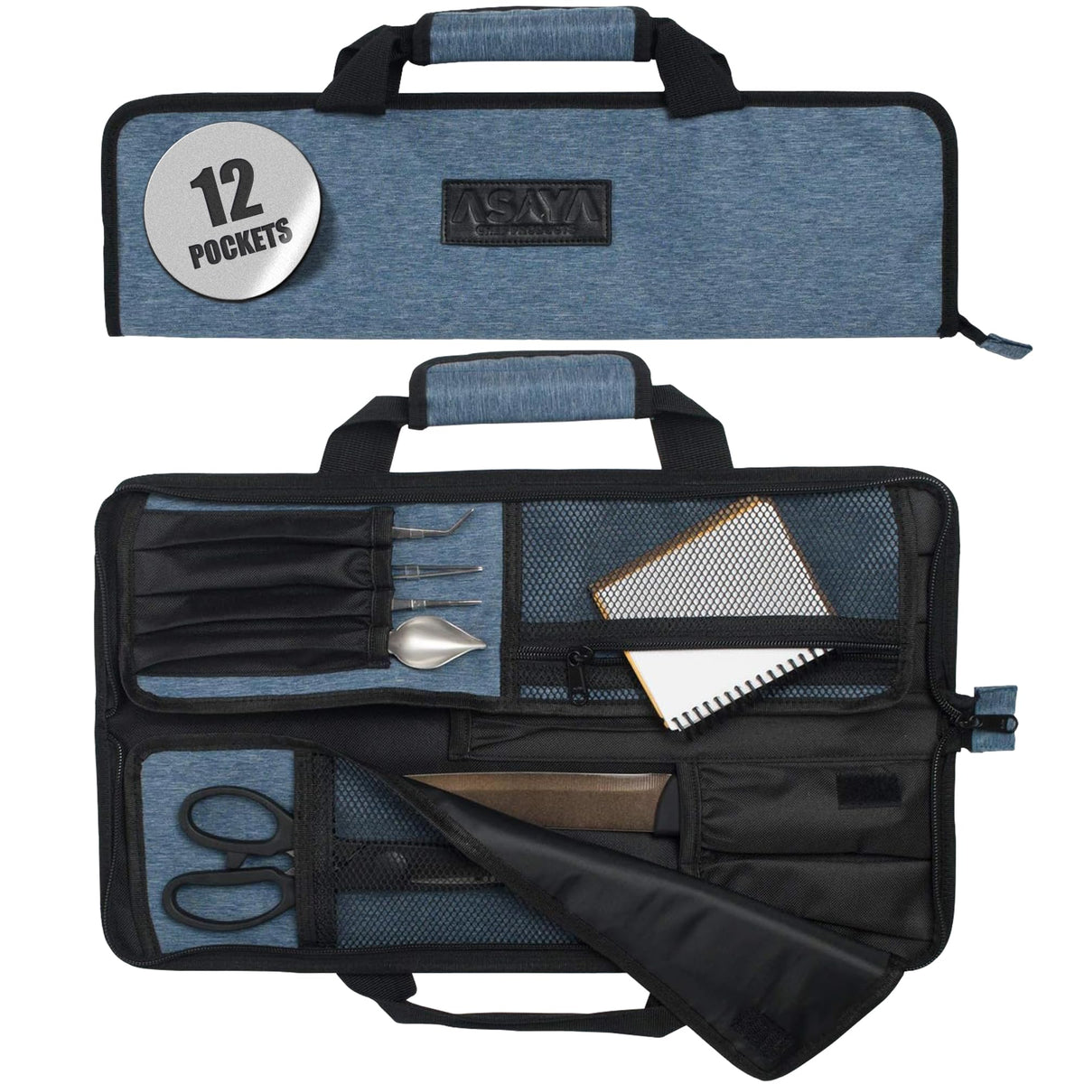 Asaya Chef Knife Roll Bag with 12 pockets keeps knives secure during travel.