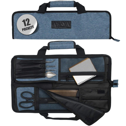 Asaya Chef Knife Roll Bag with 12 pockets keeps knives secure during travel.
