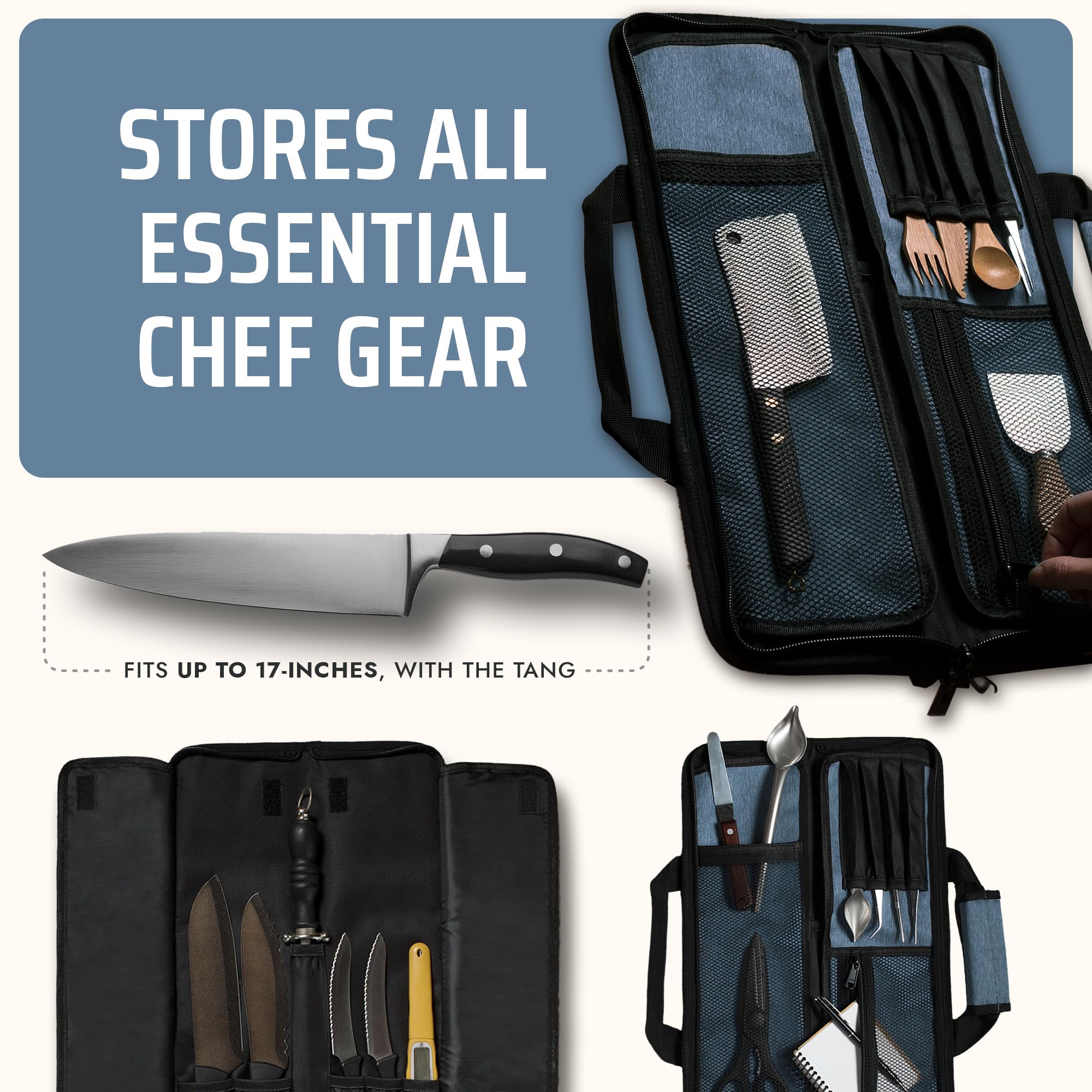 Asaya knife roll fits knives up to 17 inches including tang.