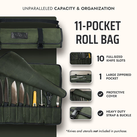 Asaya knife roll shows a large zipper pocket for utensils and accessories.