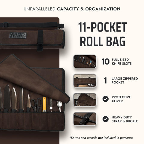 Asaya Knife Roll with large zippered pocket stores utensils securely during transport