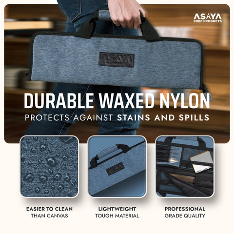 Asaya knife roll lightweight design weighs about 1 lb for easy transport.