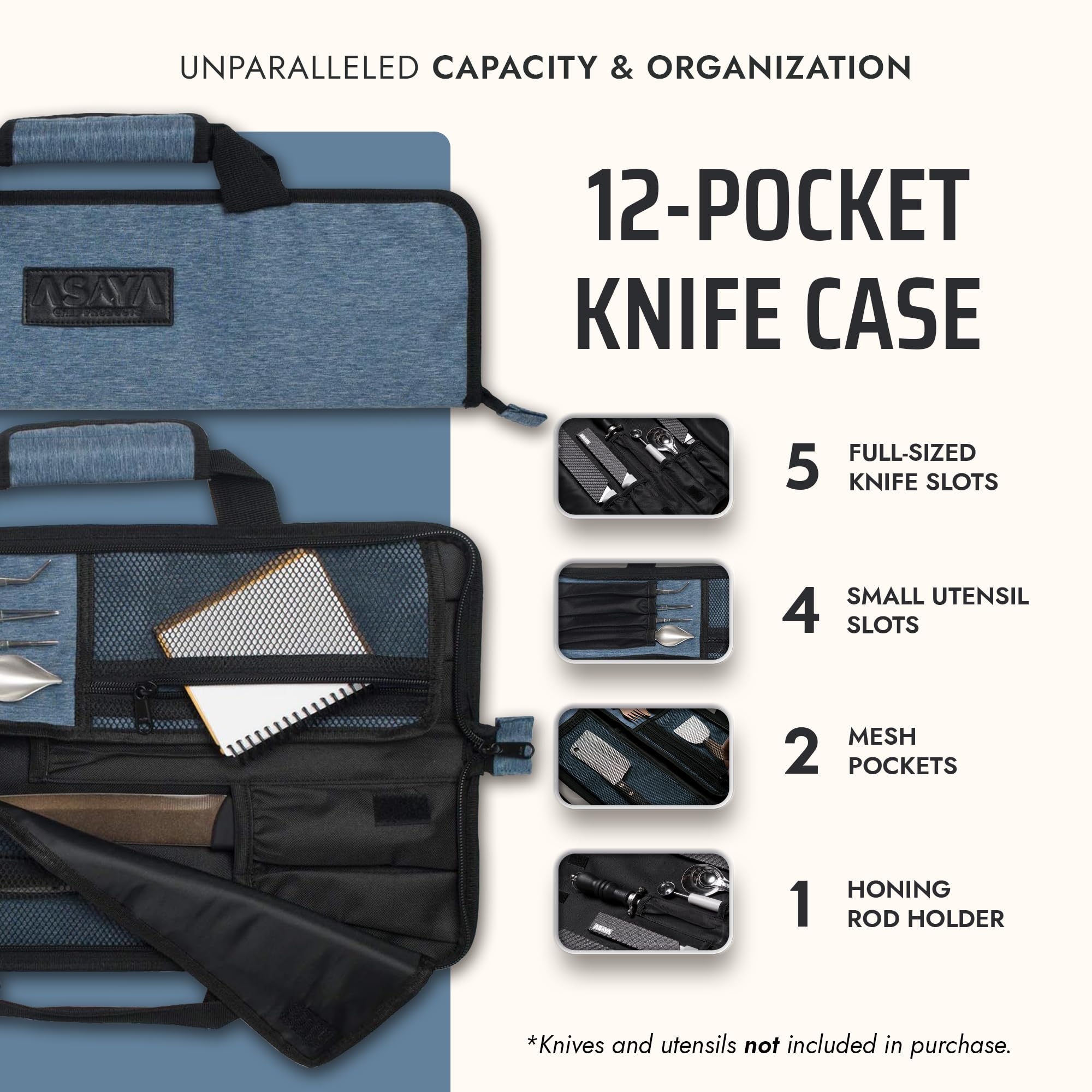 Asaya knife roll nylon durability demonstrates stain resistance for busy kitchen environments.