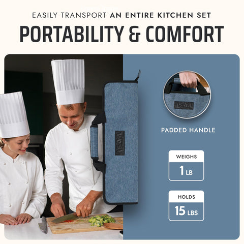 Asaya knife roll features zippered pockets for utensils and accessories.
