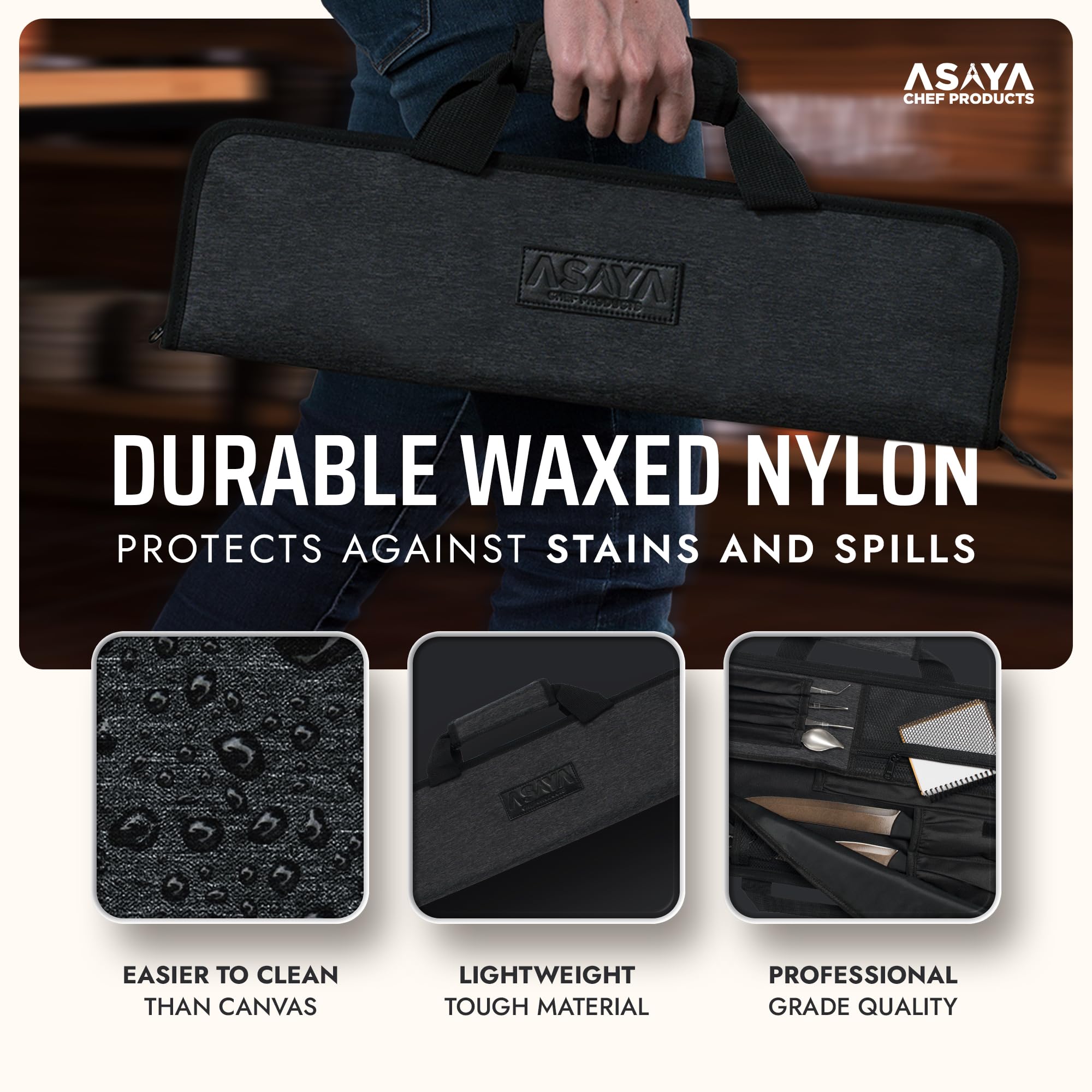 Asaya knife roll shows zippered pockets for secure utensil packing