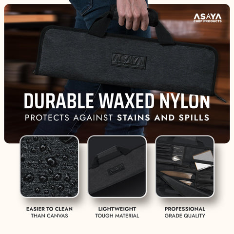 Asaya knife roll shows zippered pockets for secure utensil packing