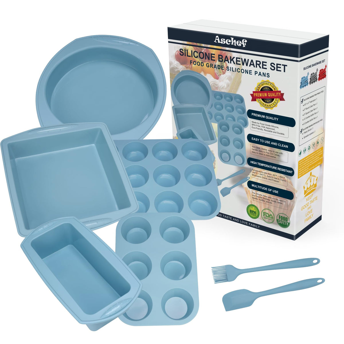 Aschef 7in1 baking tray set open box showing versatile bakeware for muffins and pizzas