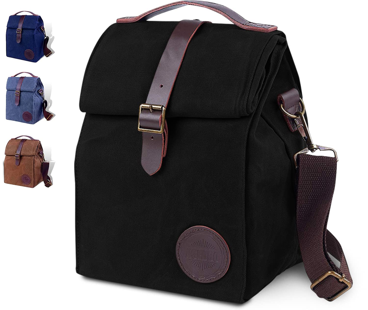 ASEBBO insulated lunch bag in black waxed canvas keeps meals fresh and portable.