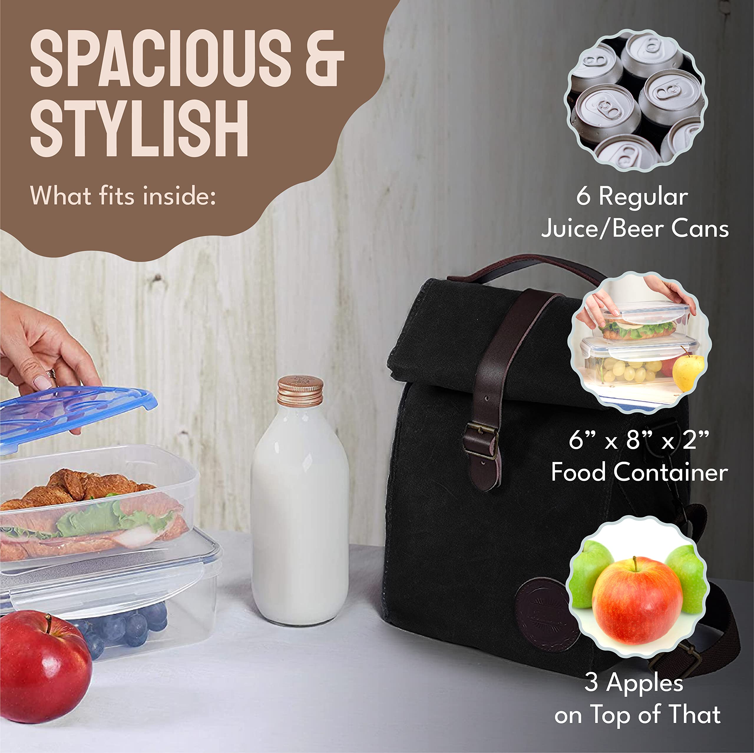 ASEBBO lunch bag featuring double-layered leather handle for steady carrying.