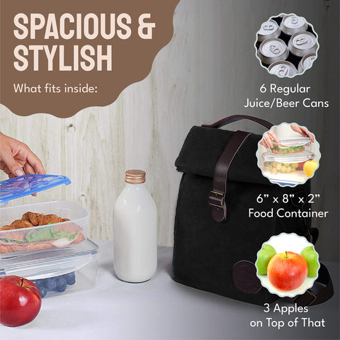 ASEBBO lunch bag featuring double-layered leather handle for steady carrying.
