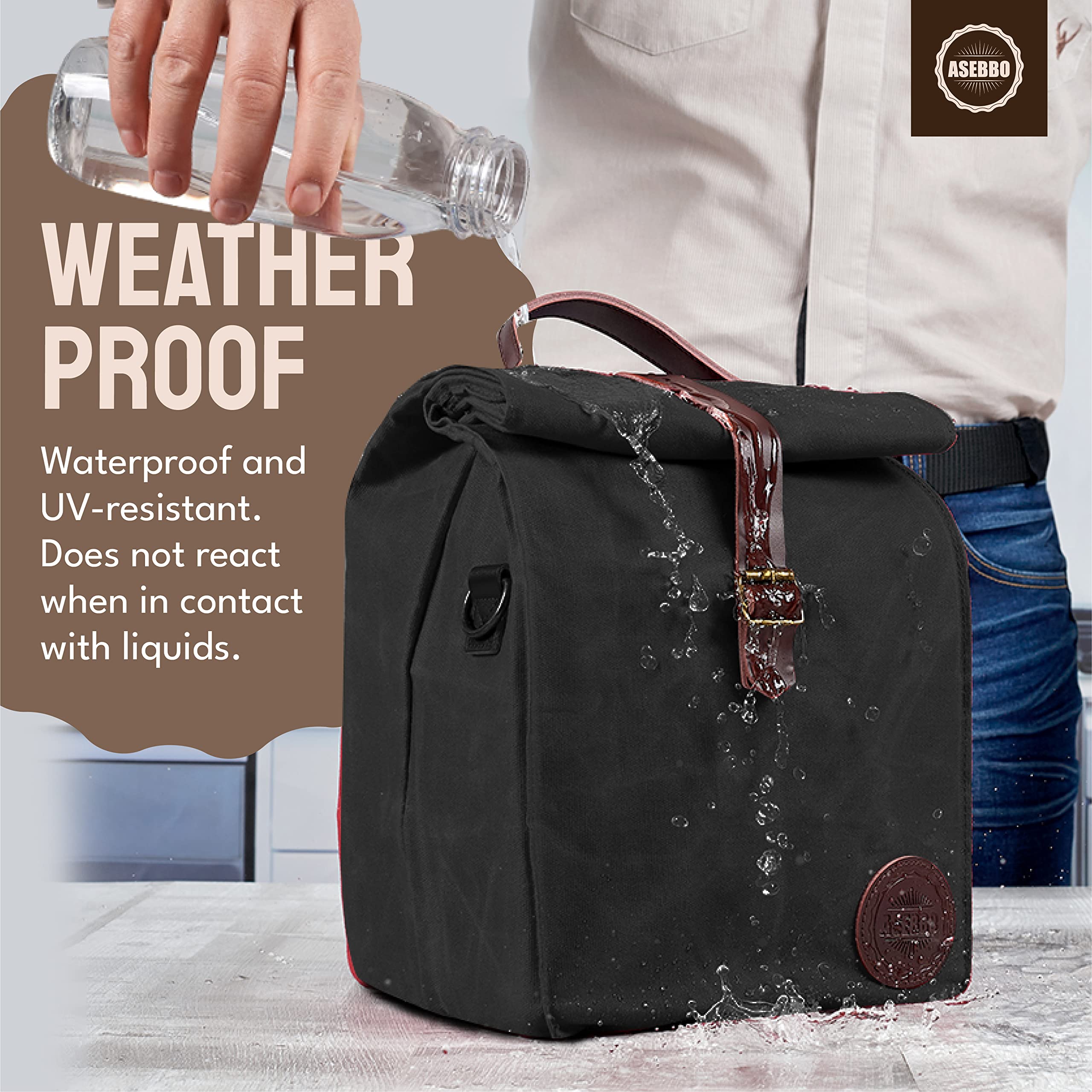 ASEBBO waxed canvas lunch bag with leather buckle closure for secure transport.