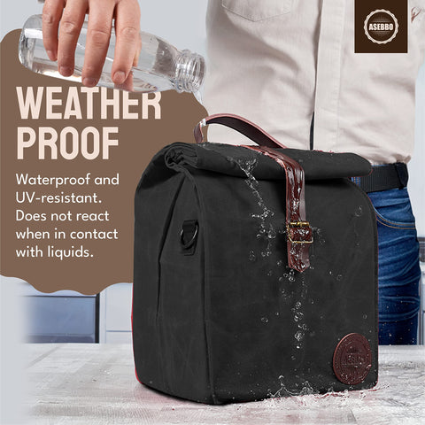 ASEBBO waxed canvas lunch bag with leather buckle closure for secure transport.