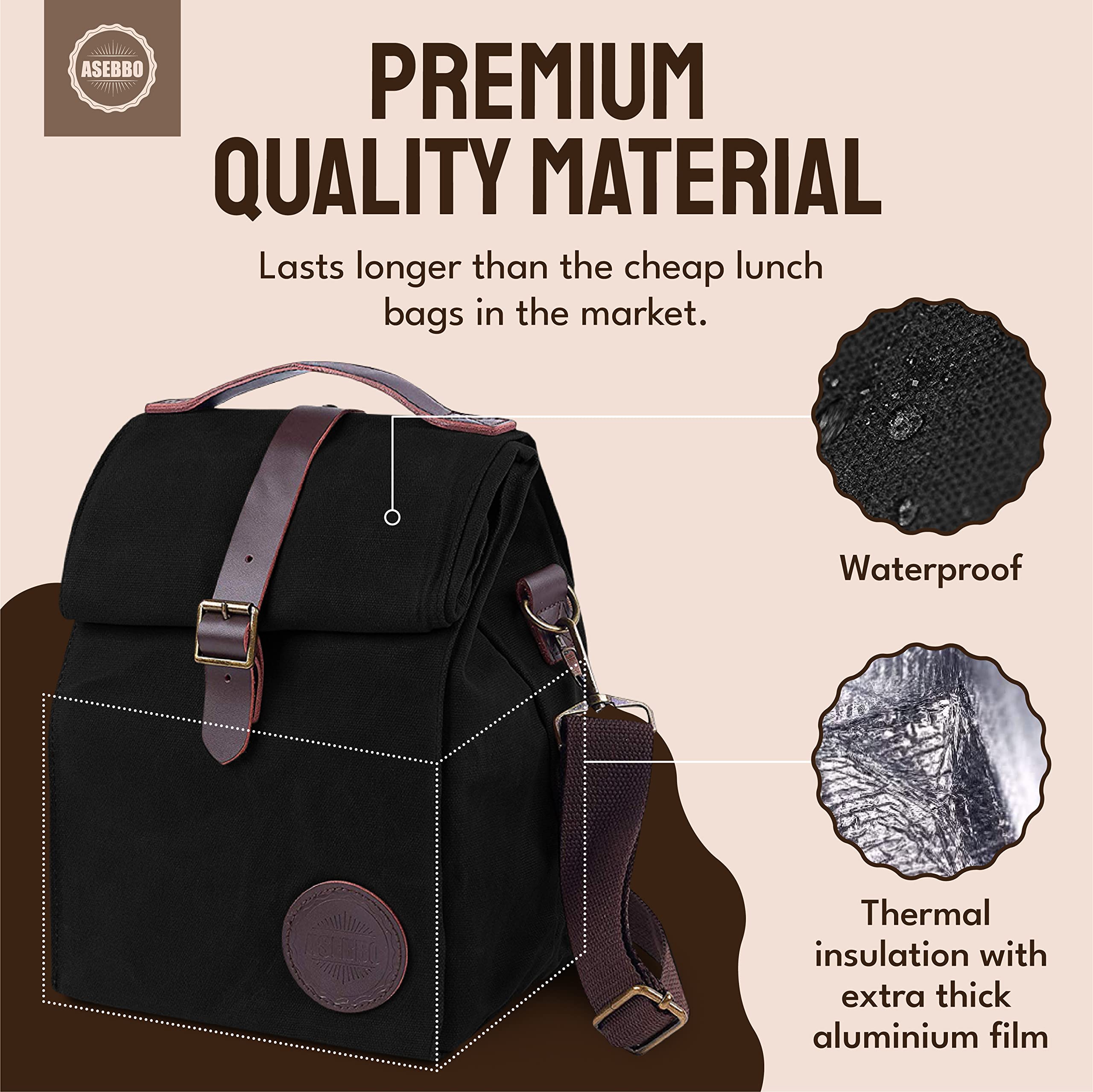 ASEBBO lunch bag with adjustable shoulder strap for comfortable commuting.