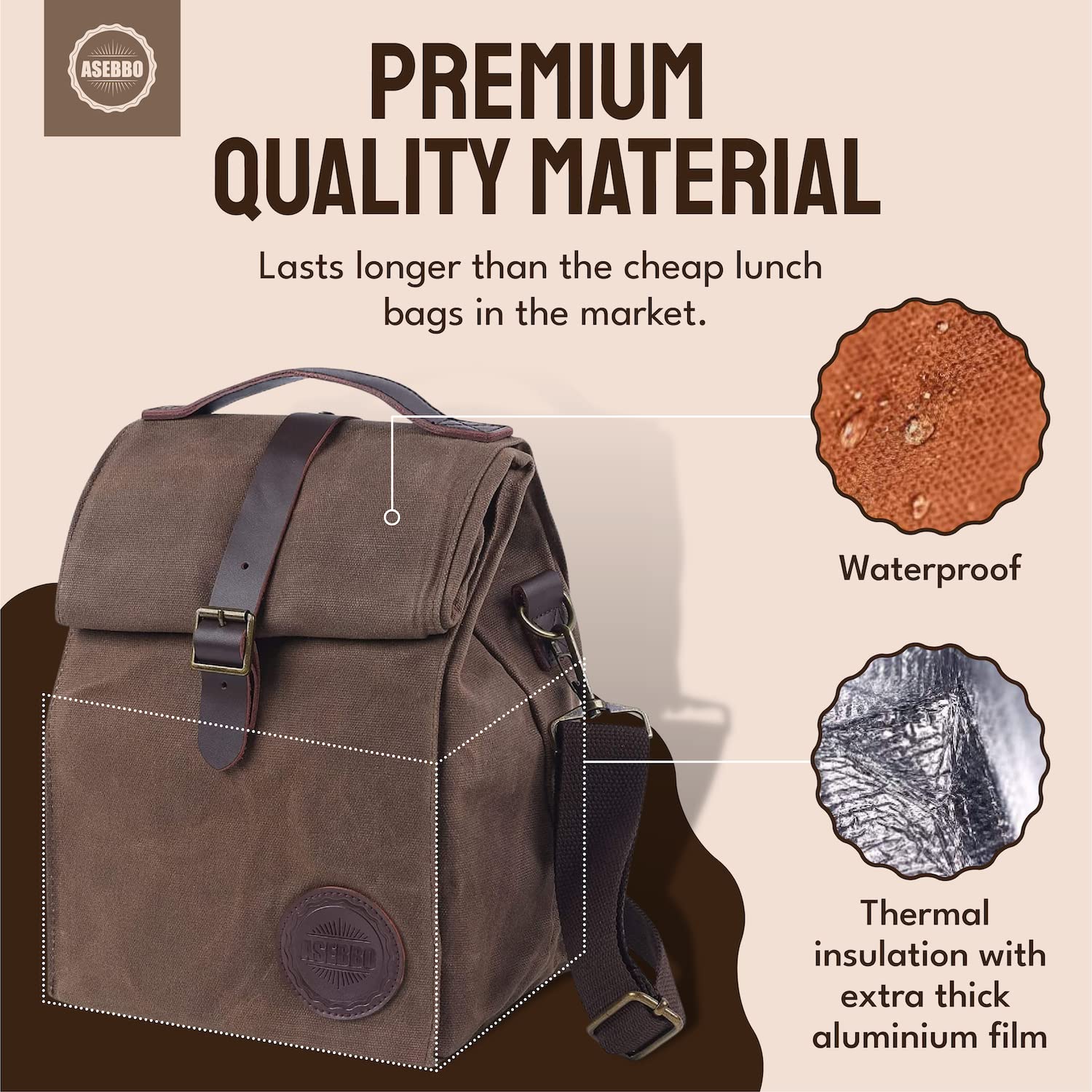 ASEBBO waxed canvas lunch bag highlights sturdy material for daily commuting.