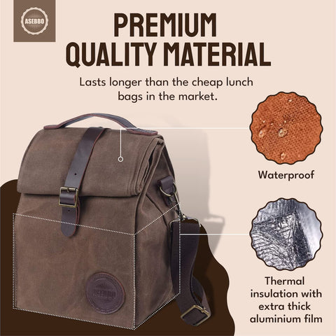 ASEBBO waxed canvas lunch bag highlights sturdy material for daily commuting.