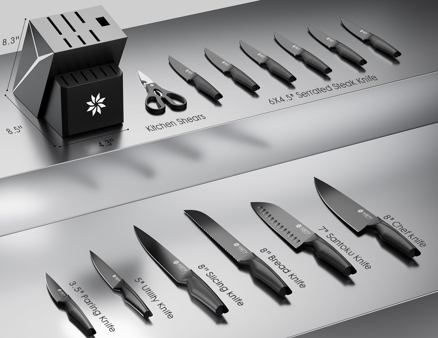 ASETY knife set black design highlighting bold countertop look
