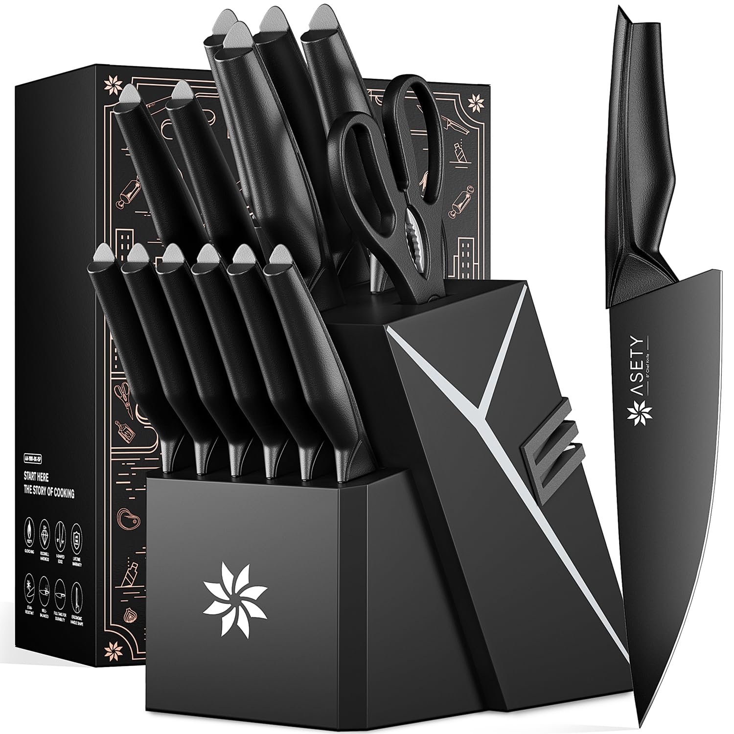 ASETY 15-piece knife set in block showing built-in sharpener for easy edge maintenance