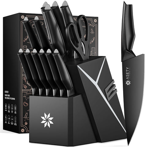ASETY 15-piece knife set in block showing built-in sharpener for easy edge maintenance