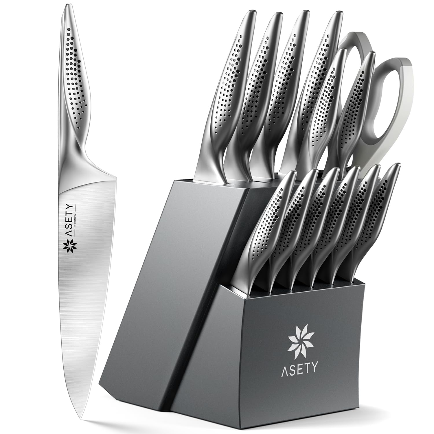ASETY knife block front view showing sleek gray finish