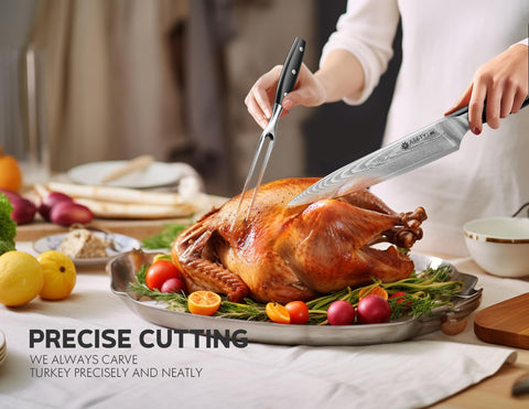 ASETY Damascus carving knife blade texture highlights 67-layer steel for durable sharpness.