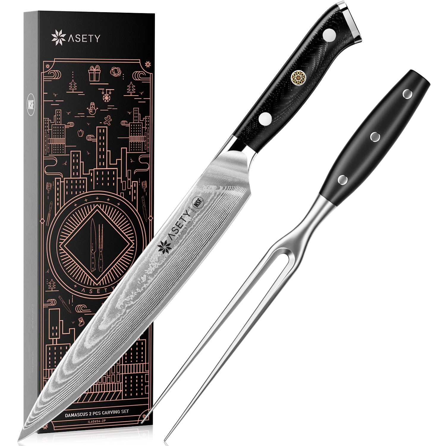 ASETY Damascus carving knife with full tang and G10 handle for precise holiday slicing.